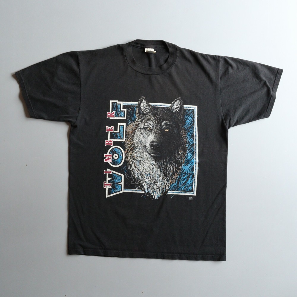Vtg 90s Gray Wolf Art Print T-Shirt L