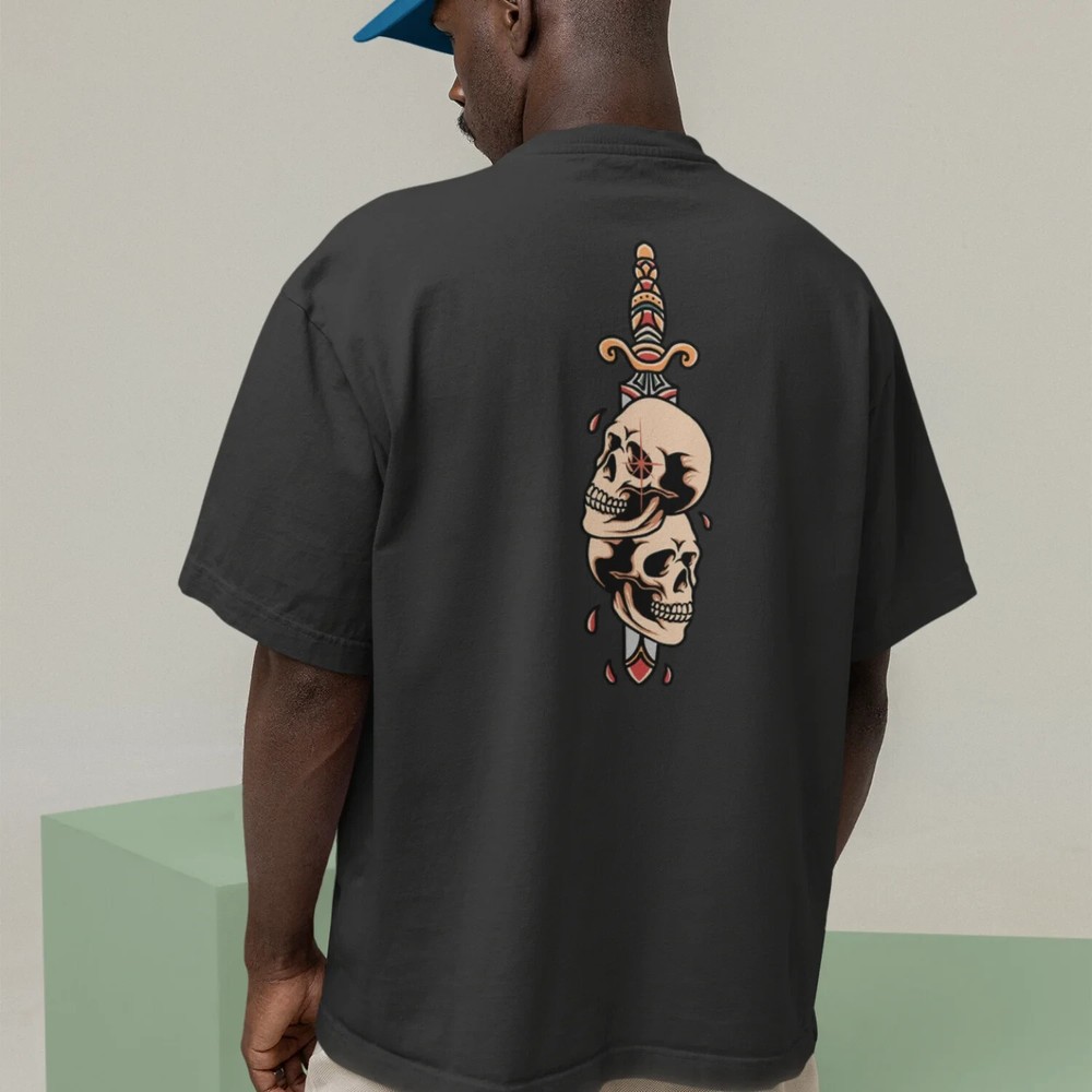 Mens Oversized T-Shirt Skull Dagger Back Print Streetwear Graphic Baggy White