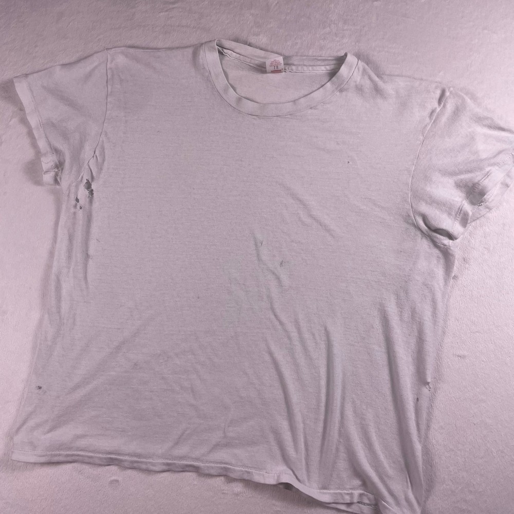 Vtg 80s Hanes Blank Tee L White Single Stitch USA Distressed Boxy Fit Thrashed