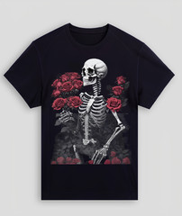 Skeleton With Red Roses Gothic Graphic T Shirt Dark Aesthetic Unisex Tee