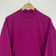 Vintage Hanes Activewear Mens Large Magenta Purple Mock Neck Cotton Shirt USA