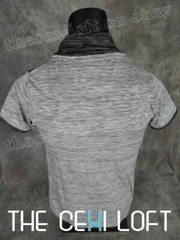 Mens Big Collar T-Shirt Grey Faux Leather Crest SLIM FIT Designer Short Sleeve