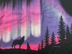 Vintage Aurora Northern Lights Wolf Night Wrap Around Faded Black Shirt 2XL SS