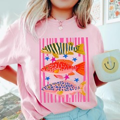 Preppy Coastal Fish Shirt Colorful Summer Graphic Tee Vacation Aesthetic
