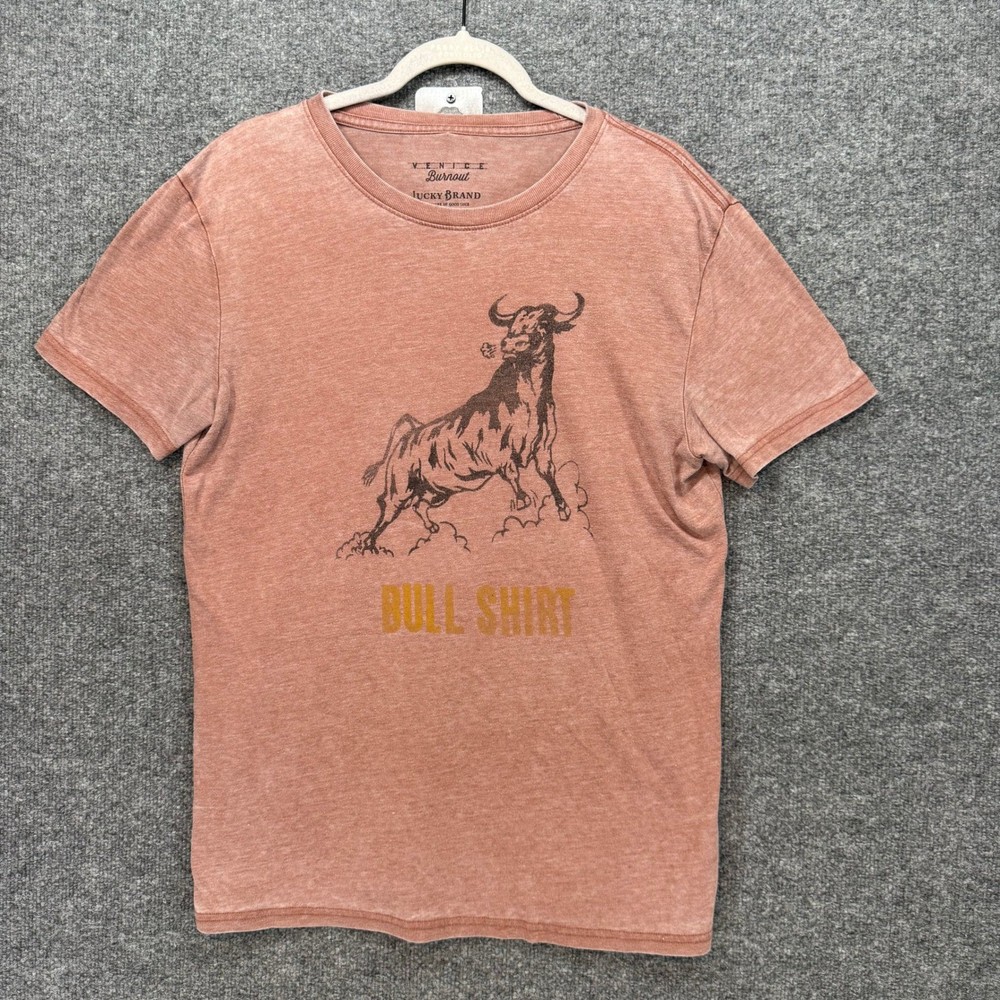 Lucky Brand Tshirt Mens Medium Orange Bull Graphic Venice Burnout Tee Casual