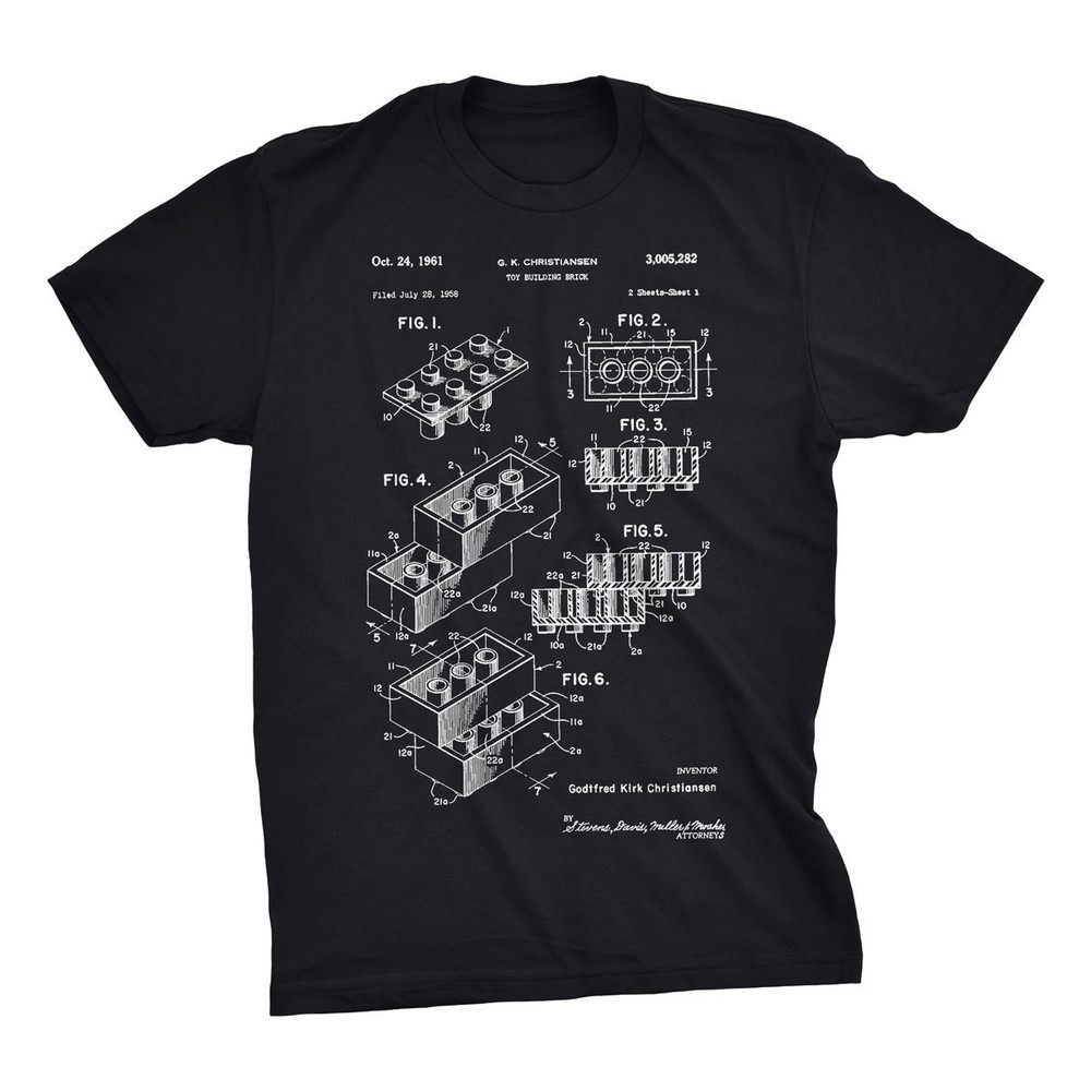 Building Brick Patent Art T-Shirt. Cotton T. Black White or Gray NEW