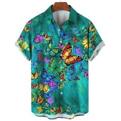 Mens Button Down Colorful Butterfly Print Hawaiian Top Novelty Summer Gift Shirt