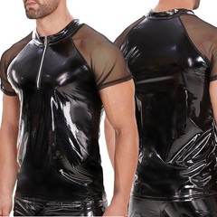 Mens Shiny PVC Leather T-Shirt Latex Wetlook Male Glossy Zipper Slim Shirts Tops