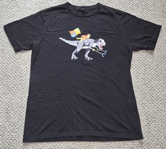 Windows Doja Cat riding T-Rex with grabber arms! Large t-shirt