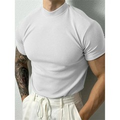 Men T Shirt Stripe Print Short Sleeve Elastic Fit High Collar Sport Gym Training