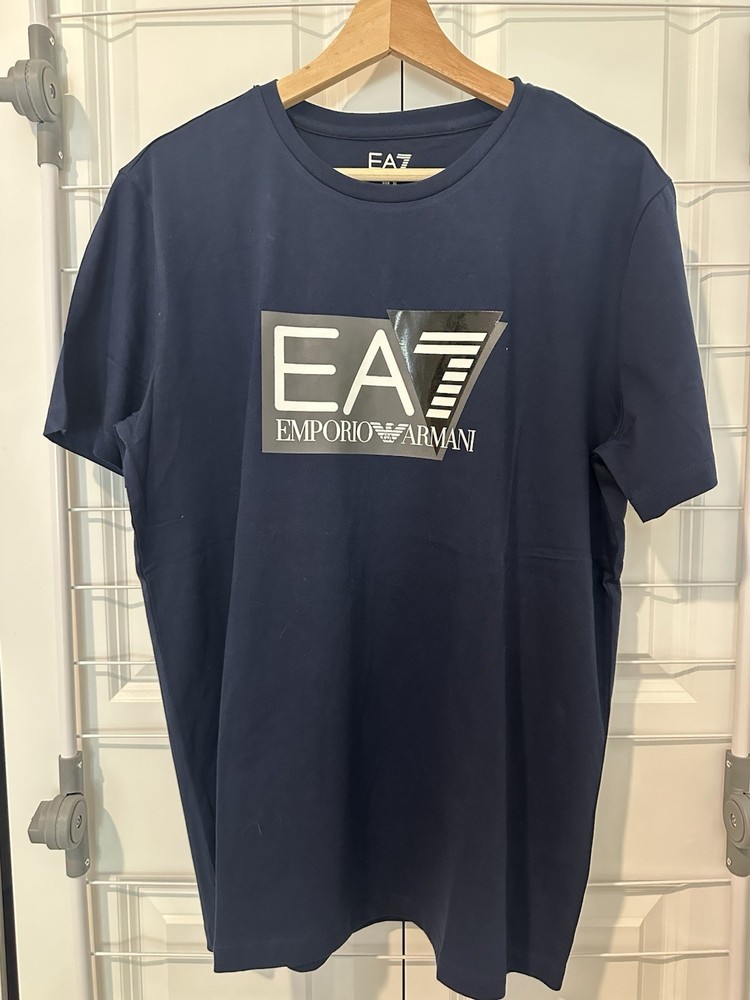 Armani EA7 Logo Graphic Print Tee Blue Crew Neck Short Sleeve Sz XL