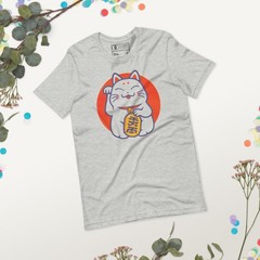 Japanese Maneki Neko Lucky Cat Tee Fortune Wealth Gold Coin Soft Cotton Tee