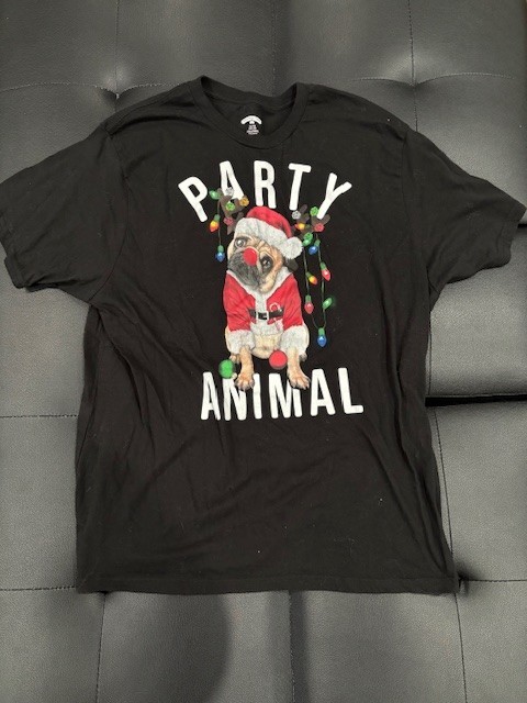 Holiday Time Pug Party Animal Shirt – Black – Mens XL