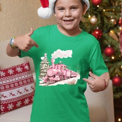 Christmas T-Shirt Pink Train Snowy Winter Scene Mens and Womens Tee #MC