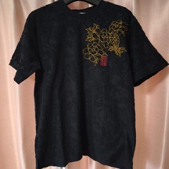 Karakuri Tamashii Dragon Embroidery T-Shirt Black Japanese Style Floral Pattern