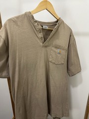 VTG Gradient Sun Faded Thrashed Worn WIP Henley Short Sleeve Pocket T-Shirt M
