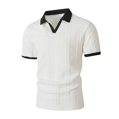 Men’s Cable Knit Contrast Collar Polo Shirt Business Casual V Neck Summer Top