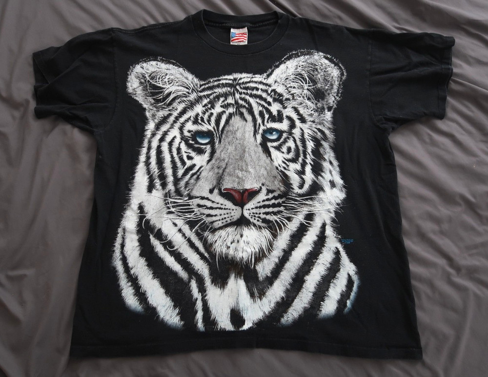 Vintage White Tiger Big Logo Overprint T-shirt 90s Adult XL Trinity