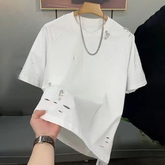 Trendy Men’s Streetwear Distressed Cotton T-Shirt Rhinestone Pin Casual Top