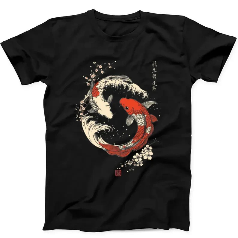 Japanese Koi Fish Yin Yang T-Shirt, Great Wave Cherry Blossom Graphic Tee