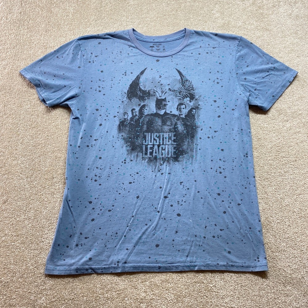 Justice League Shirt Mens Large Blue Splatter Print Superhero Graphic Tee