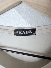 Prada Logo Mens XL Slim Fit Beige Graphic T Shirt Red Box Logo Cotton