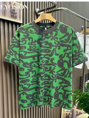Men’s Green Graphic T-Shirt Vintage Abstract Print Cotton Casual O-Neck Tee