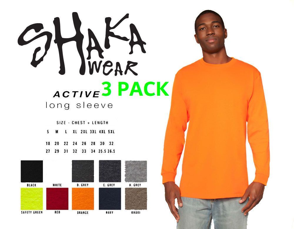 3 Pack Shaka Wear Active Long Sleeve Plain Casual Crew Neck T-Shirt SM-3X