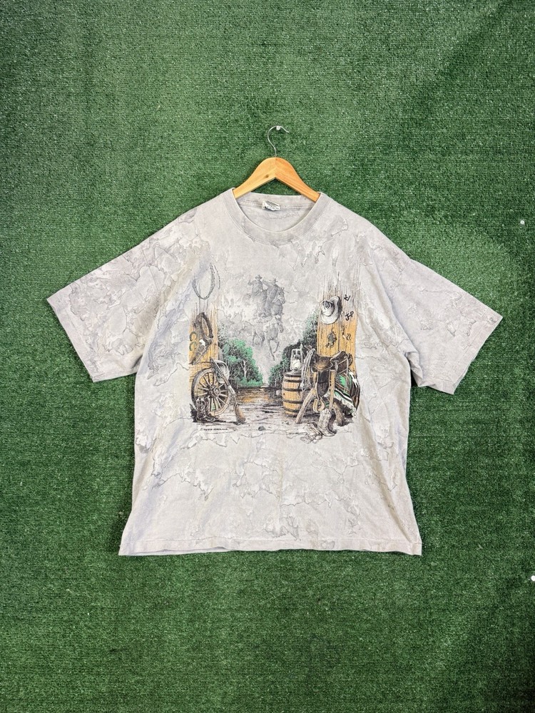 Vtg 90s Acid Washed Tie Dyed Cowboy T Shirt Western Ragtops Sportswear Art XL