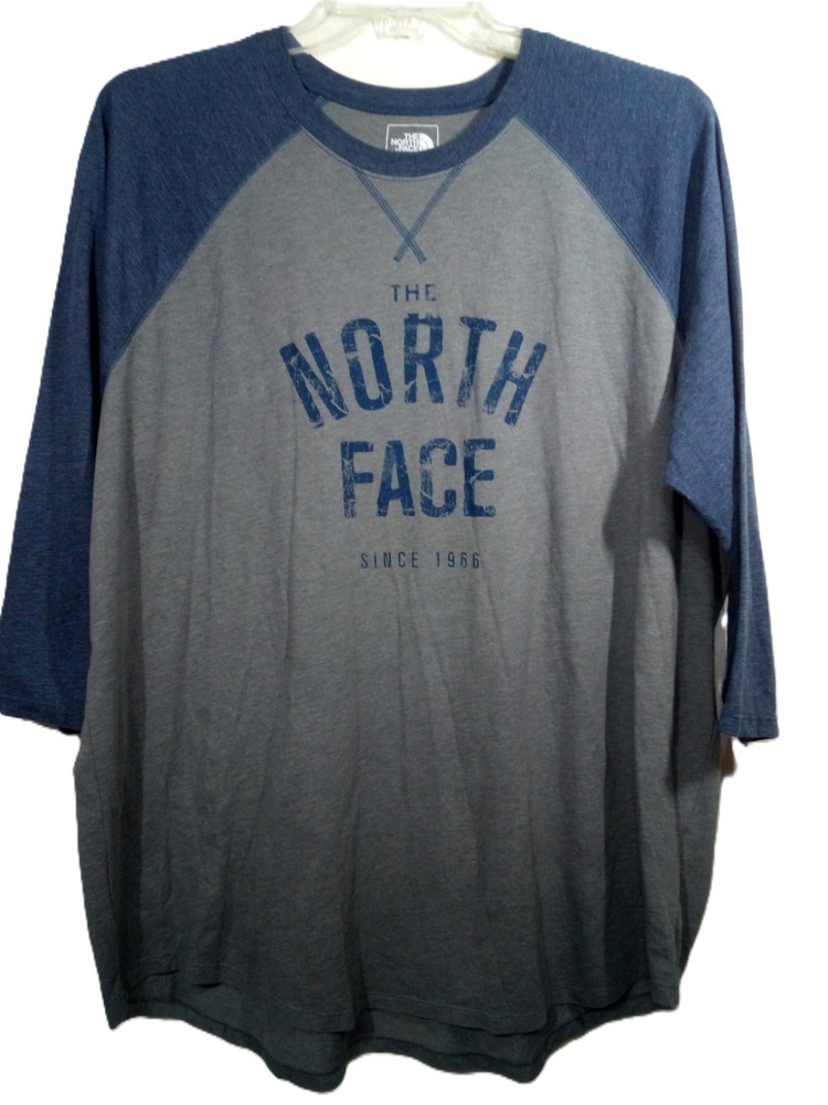 The North Face T-Shirt Men XXL Blue Gray Logo 3/4 Sleeve