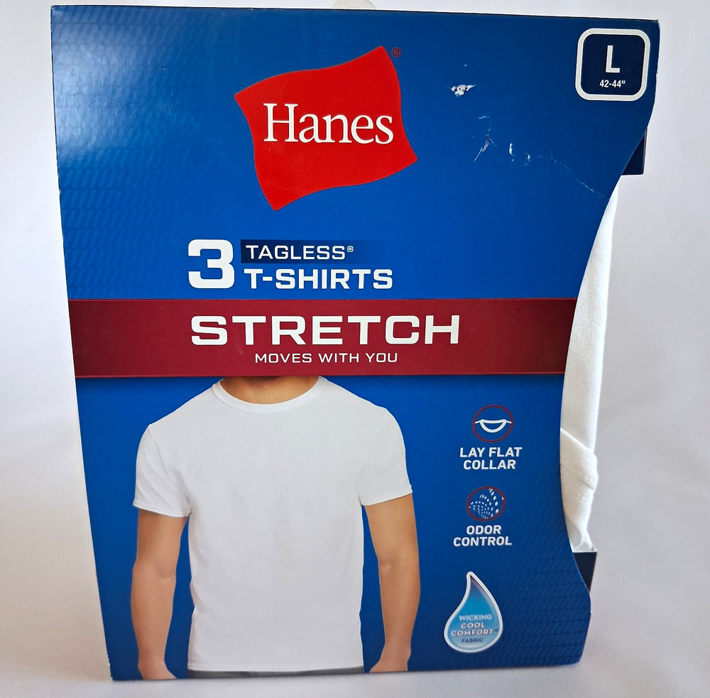 Hanes TAGLESS Stretch Tagless Moisture Wicking Crew T-Shirt 3-Pack White L
