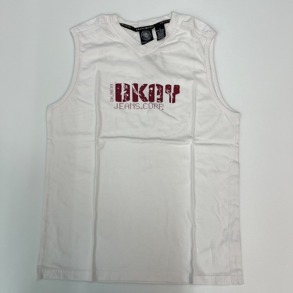 DKNY Jeans Muscle Tee Men S White V-Neck Distressed Graphic Logo VTG NWT