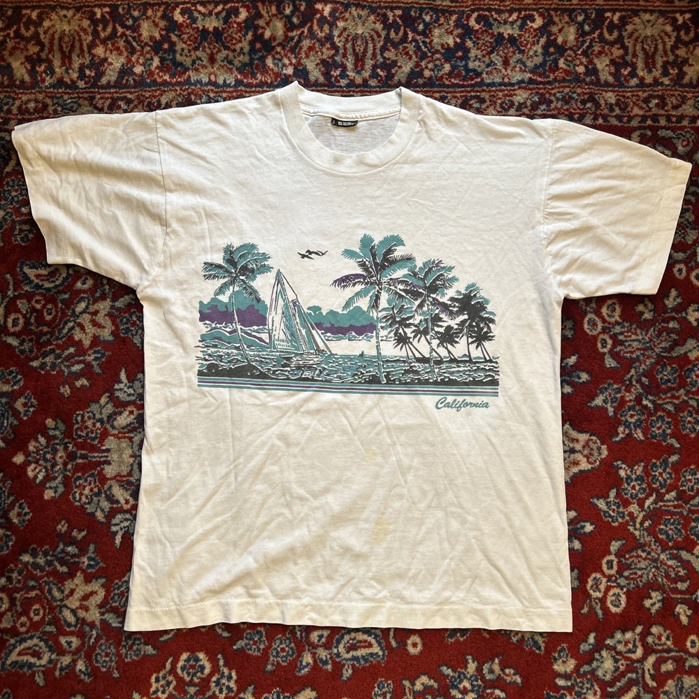 Vintage 90s California Tshirt L Palm Tree Nature Beach Single Stitch Teal Purple