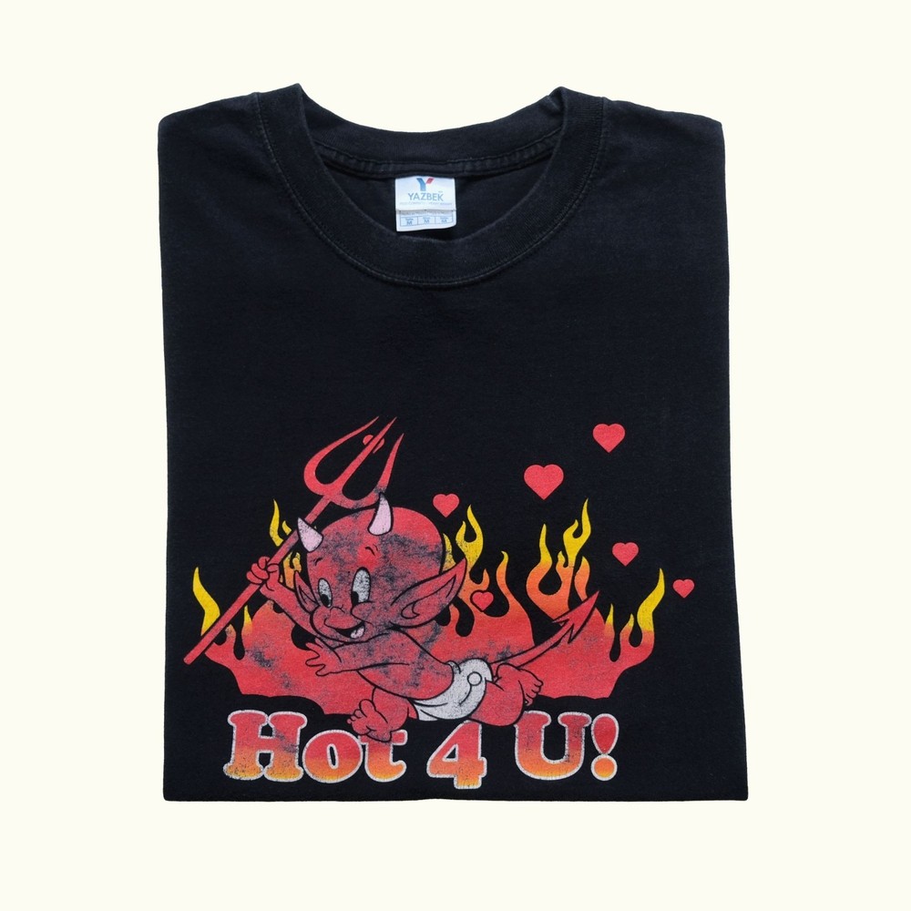 VTG 90s RETRO FUNNY COMEDY DEVIL FLAME HOT FOR YOU GRAPHIC BLACK T SHIRT SZ M