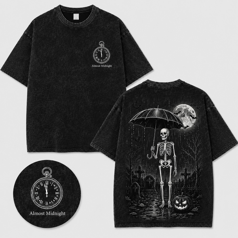 Still Raining Skeleton Umbrella Washed T-Shirt – Gothic Halloween Graphic Tee