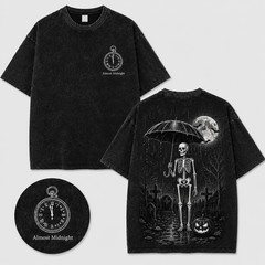 Still Raining Skeleton Umbrella Washed T-Shirt – Gothic Halloween Graphic Tee