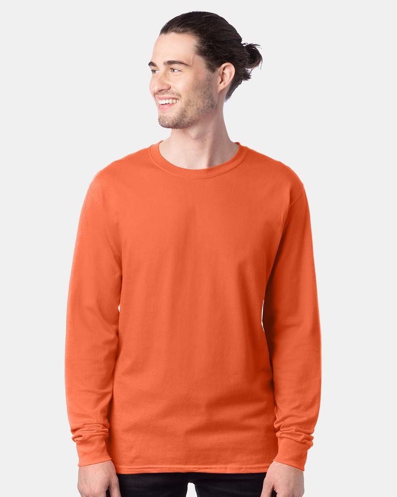 Hanes Mens Long Sleeve Tee Solid Midweight T-Shirt Smoke Texas Orange XL Size