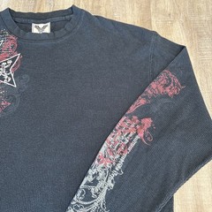 Avirex Shirt Mens 2XL Black Thermal Waffle Knit Graphic Skull Cross Y2K Skate
