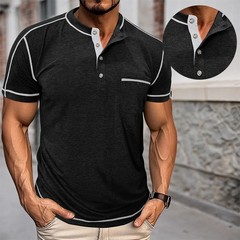 Men Short Sleeve Solid Half Open Collar T-shirt Button Pullover Casual Tee