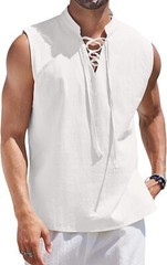 Men Cotton Linen Tank Top Sleeveless Lace Up Shirt Bohemian Beach Casual Tunic