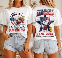 Snoopy 250th Anniversary T-Shirt 2 Sided Peanuts 1776-2026 4th Of July USA Tee