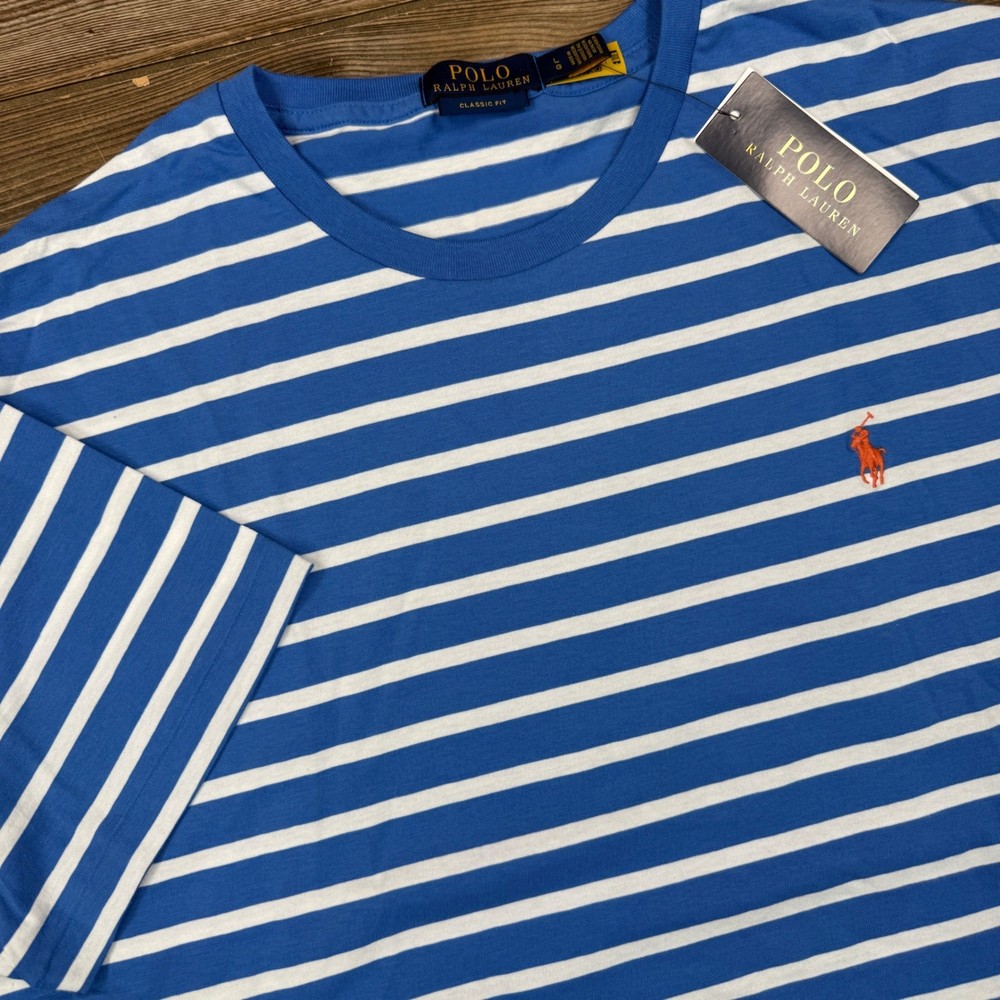 Polo Ralph Lauren Mens Large T-Shirt Blue White Striped Classic Fit NWT