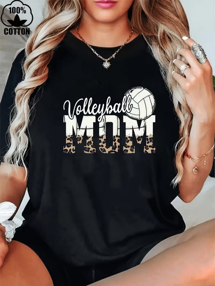 1pc Women’s Volleyball Mom Graphic T-Shirt – Leopard Print Accents, 180g Heavywe