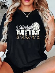 1pc Women’s Volleyball Mom Graphic T-Shirt – Leopard Print Accents, 180g Heavywe