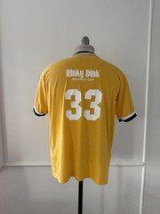 Vintage 80s Baseball Jersey Tee Gold Ringer V-Neck Greece Community Rinky Dink L