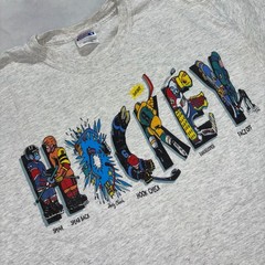 Vintage 90s Hockey Graphic T-Shirt Mens Large Artist Vaughn Gray Sports Art Tee