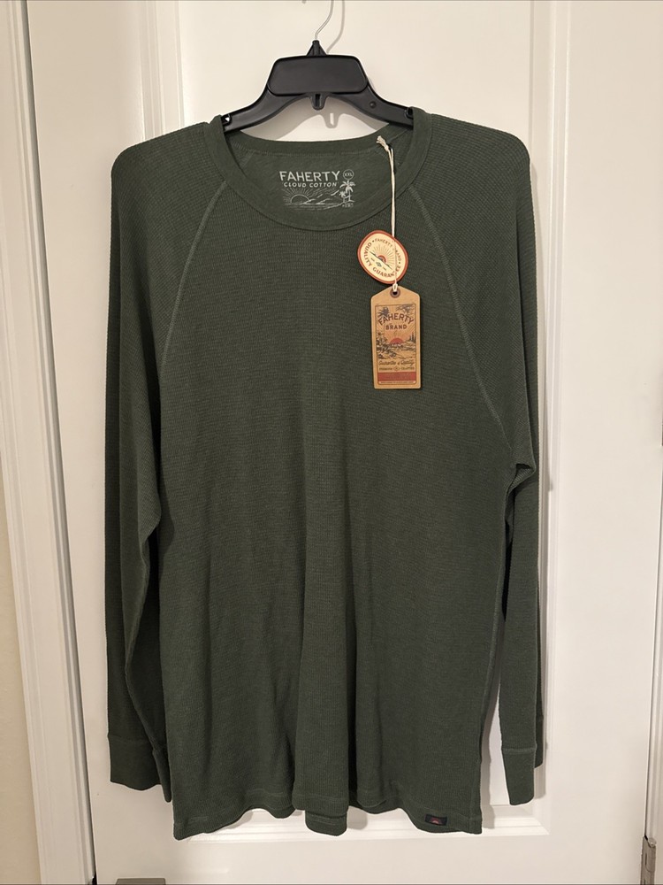 Faherty Men’s Long Sleeve Cloud Waffle Crew, Deep Fern Heather, XXL