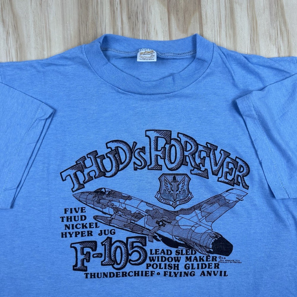 VTG 80’s F105 Thud Rolling Thunder Fighter Jet T-Shirt Military Blue FITS Medium