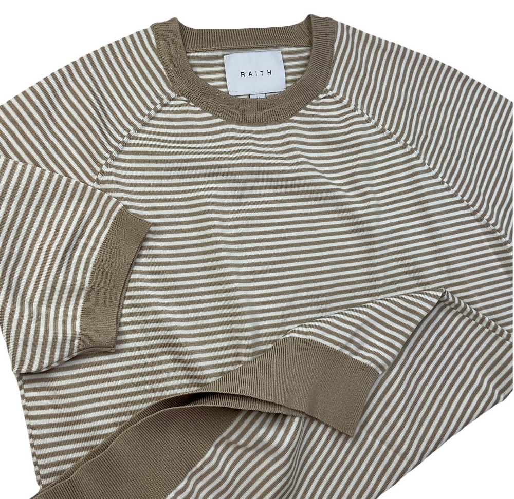 RAITH Shirt Men Sz M Riera Knit Crew Neck Short Sleeve Striped Beige White Tee