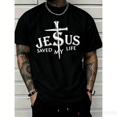 [100% Cotton] mens saved my life graphic t shirt with cross print round neck